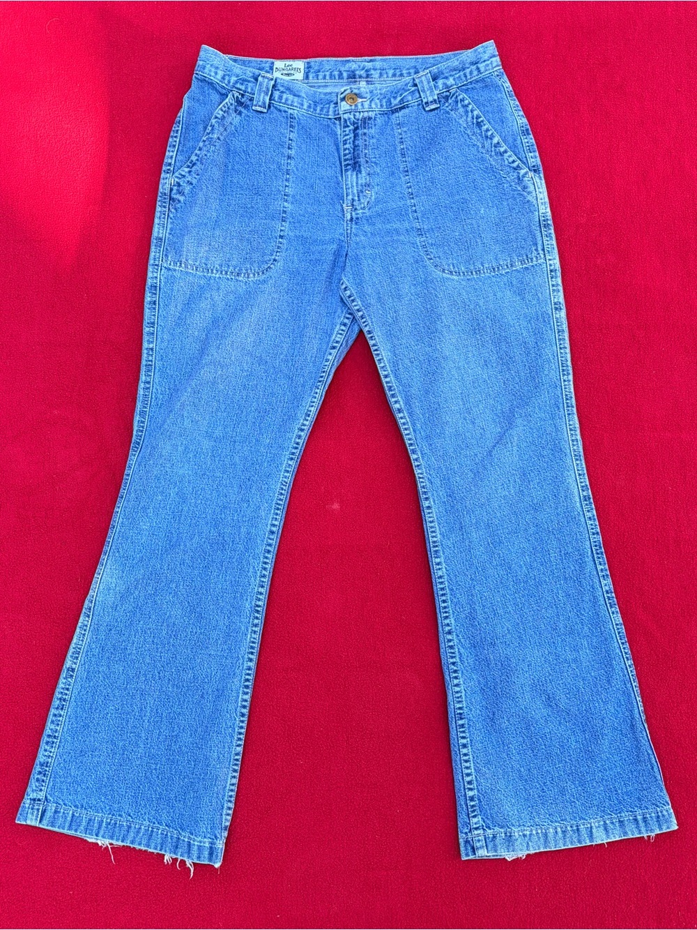 Vintage Lee Dungarees Light Wash Flare Jeans Size 13S Indie Patch Pockets Y2K
